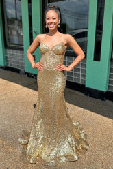 Golden Prom Dress Strapless Mermaid Corset Long Evening Dress