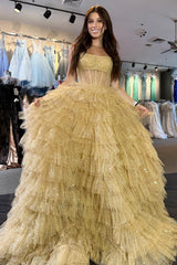 Golden Strapless A Line Prom Dress Tulle Long Tiered Evening Dress
