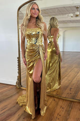 Golden Strapless Prom Dress Mermaid Mirror Ruched Long Evening Dress with Slit