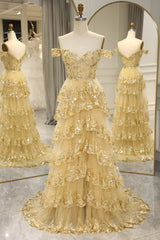 Golden Tiered A Line Long Prom Dress with Lace