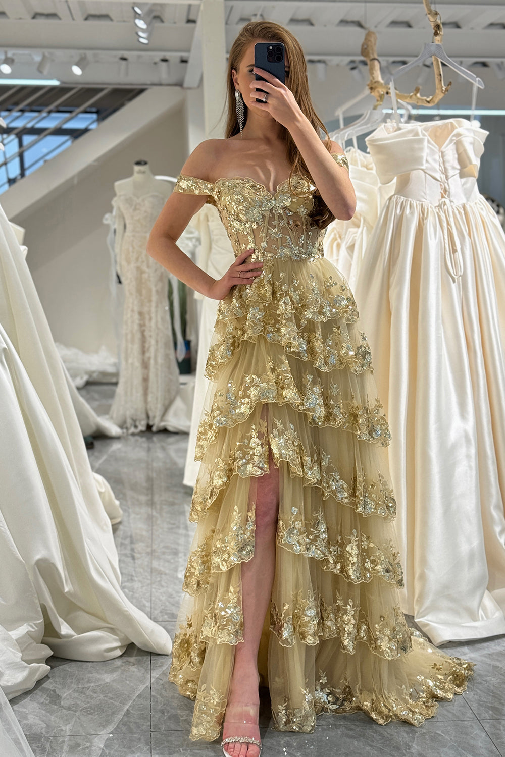 Golden Tiered A Line Long Prom Dress with Lace