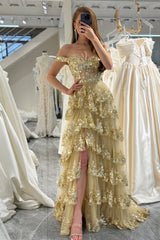 Golden Tiered A Line Long Prom Dress with Lace