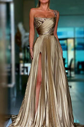 Golden A Line One Shoulder Prom Dress Sequined Pleated Formal Dress with Slit