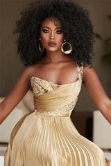 Golden A Line One Shoulder Prom Dress Sequined Pleated Formal Dress with Slit