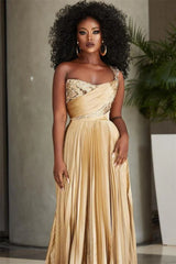 Golden A Line One Shoulder Prom Dress Sequined Pleated Formal Dress with Slit