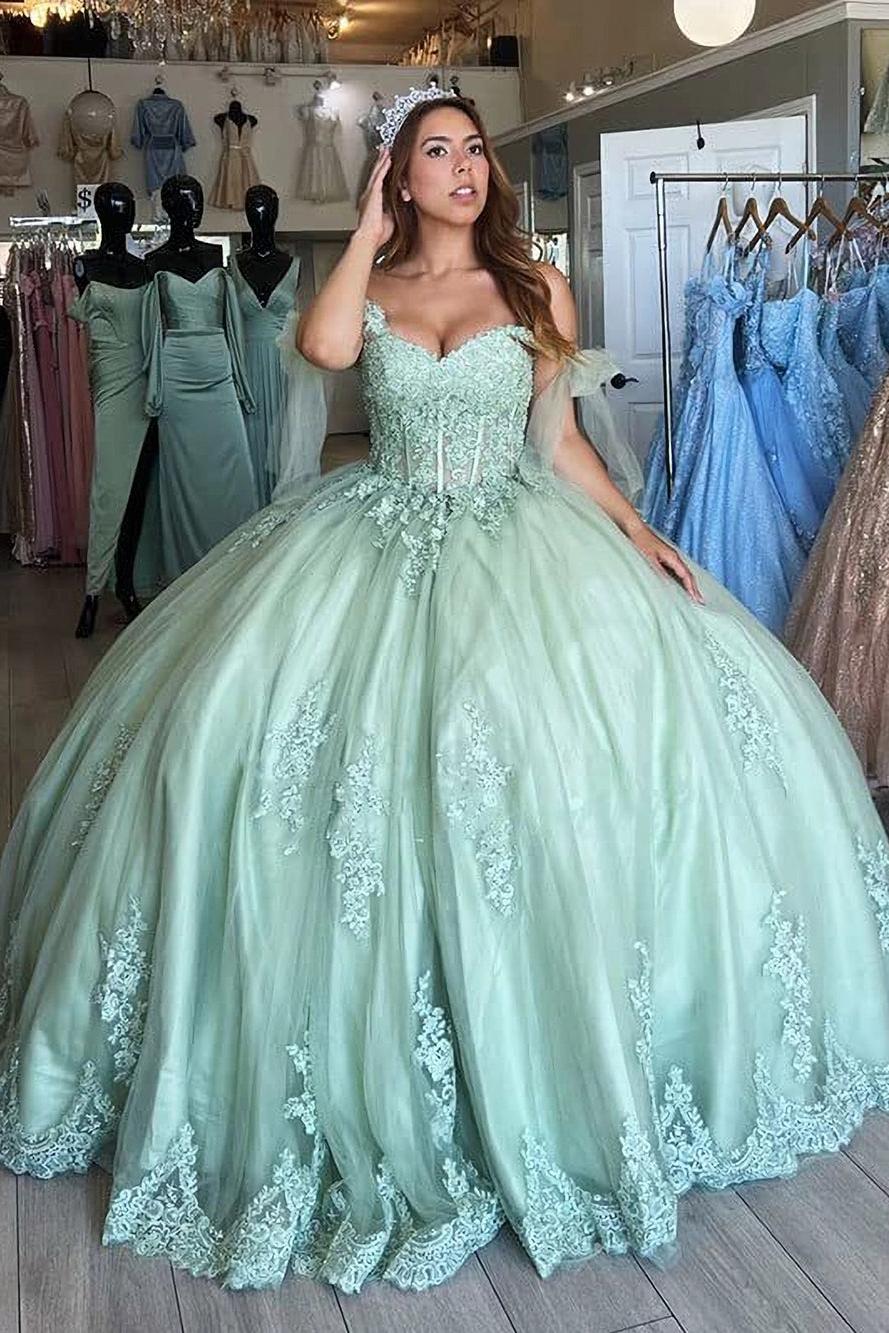 Gorgeous Ball Gown Off Shoulder Lace Appliques Beaded Mint Green Tulle Quinceanera Dress For Sweet 16