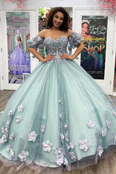 Gorgeous & Glamorous Ball Gown Off Shoulder Puff Sleeves 3D Flowers Lace Appliques Beaded Blue Tulle Quinceanera Dress Formal Evening Gown For Sweet 16