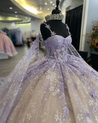 Gorgeous & Glamorous Ball Gown Sweetheart Neck Spaghetti Straps Floral Lace Appliques Lavender Champagne Tulle Princess Prom Party Gown Quinceanera Dress For Sweet 16