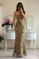 Gorgeous Mermaid Spaghetti Straps Green Lace Long Prom Dress With Appliques Formal Evening Gown