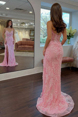 Dressystars Gorgeous Mermaid Sweetheart Pink Long Prom Dress With Split Front Appliques Formal Evening Gown