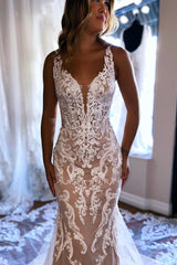 Gorgeous White and Champagne Wedding Dress V Neck Mermaid Lace Bridal Dress