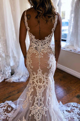 Gorgeous White and Champagne Wedding Dress V Neck Mermaid Lace Bridal Dress