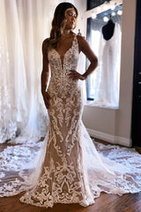 Gorgeous White and Champagne Wedding Dress V Neck Mermaid Lace Bridal Dress