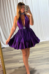 Grape Halter Ruffled Homecoming Dresses Short Cocktail Dresses With Rhinestone
