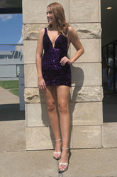 Grape Sequin Cocktail Dresses with Open Back