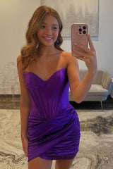 Grape Sweetheart Tight Homecoming Dresses Ruched Short Corset Cocktail Dresses