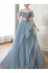 Gray Blue Prom Dress A Line Lace Long Formal Evening Dress