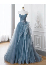 Gray Blue Prom Dress A Line Lace Long Formal Evening Dress