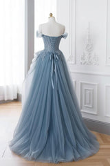 Gray Blue Prom Dress A Line Lace Long Formal Evening Dress