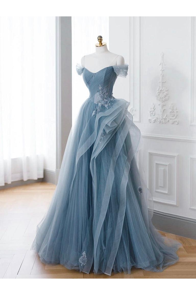Gray Blue Prom Dress A Line Lace Long Formal Evening Dress