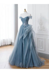Gray Blue Prom Dress A Line Lace Long Formal Evening Dress