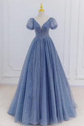 Gray Blue Prom Dress A Line Tulle Long Formal Dress Evening Dress