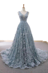 Gray Blue Prom Dress Blue Prom Dress Tulle Lace Long Formal Gown Evening Dress
