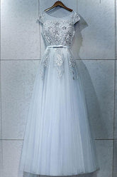Gray Blue Prom Dress Crew Neck Lace Tulle Long Formal Gown Evening Dress
