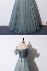 Gray Blue Prom Dress Sweetheart Tulle Formal Dress Evening Dress