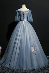 Gray Blue Prom Dress Tulle Lace Appliques Long Evening Dress
