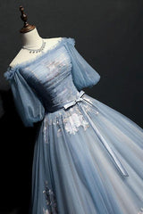 Gray Blue Prom Dress Tulle Lace Appliques Long Evening Dress