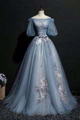 Gray Blue Prom Dress Tulle Lace Appliques Long Evening Dress