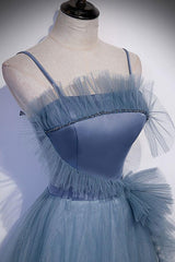 Gray Blue Prom Dress Tulle Long A Line Evening Dress
