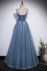 Gray Blue Prom Dress Tulle Long A Line Evening Dress