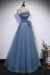 Gray Blue Prom Dress Tulle Long A Line Evening Dress