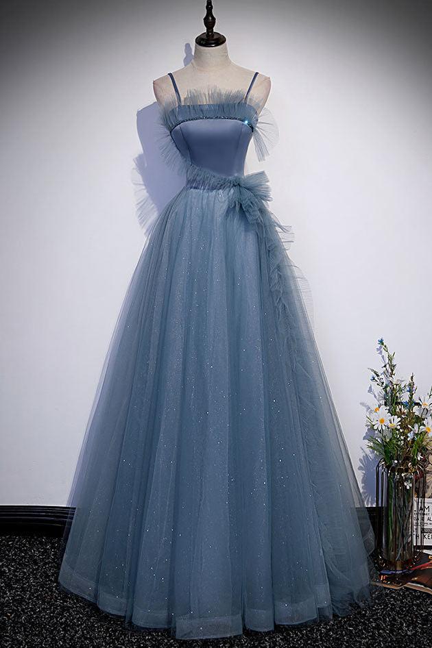 Gray Blue Prom Dress Tulle Long A Line Evening Dress