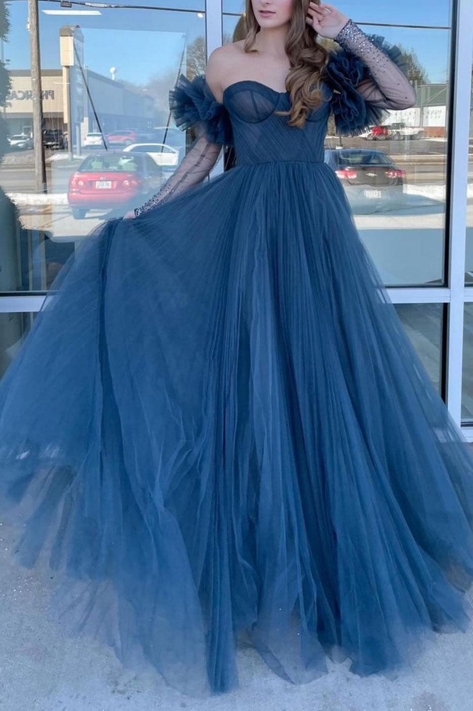 Gray Blue Prom Dress Tulle Long SleevEvening Dress