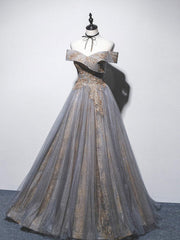 Gray Blue Prom Dress Tulle Off the Shoulder Lace Long Formal Gown Evening Dress