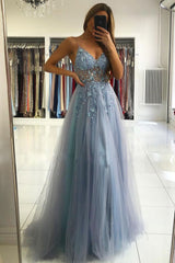 Gray Blue Prom Dress V Neck Tulle Beaded Long Formal Dress Evening Dress