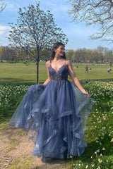 Gray Blue Prom Dress V Neck Tulle Lace Long Formal Dress Evening Dress