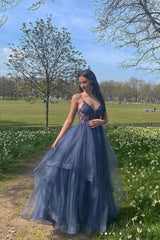Gray Blue Prom Dress V Neck Tulle Lace Long Formal Dress Evening Dress