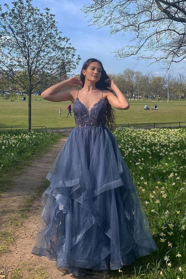 Gray Blue Prom Dress V Neck Tulle Lace Long Formal Dress Evening Dress