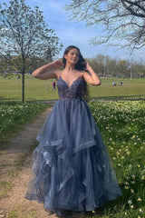 Gray Blue Prom Dress V Neck Tulle Lace Long Formal Dress Evening Dress