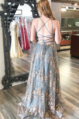 Gray Blue Prom Dress V Neck Tulle Lace Long Formal Evening Dress