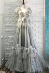 Gray Blue Prom Dress V Neck Tulle Long Evening Dress