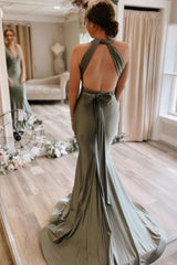 Gray Green Prom Dress Satin Mermaid Long Formal Evening Dress