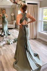 Gray Green Prom Dress Satin Mermaid Long Formal Evening Dress