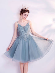 Gray Homecoming Dress Blue V Neck Lace with Beaded SequinShort Party Cocktail Dress