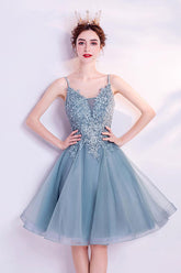 Gray Homecoming Dress Blue V Neck Lace with Beaded SequinShort Party Cocktail Dress