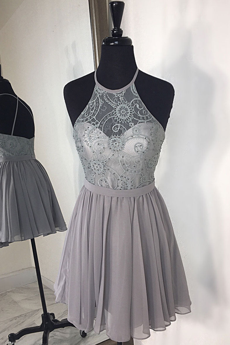 Gray Homecoming Dress High Neck Chiffon Lace Short Party Cocktail Dress
